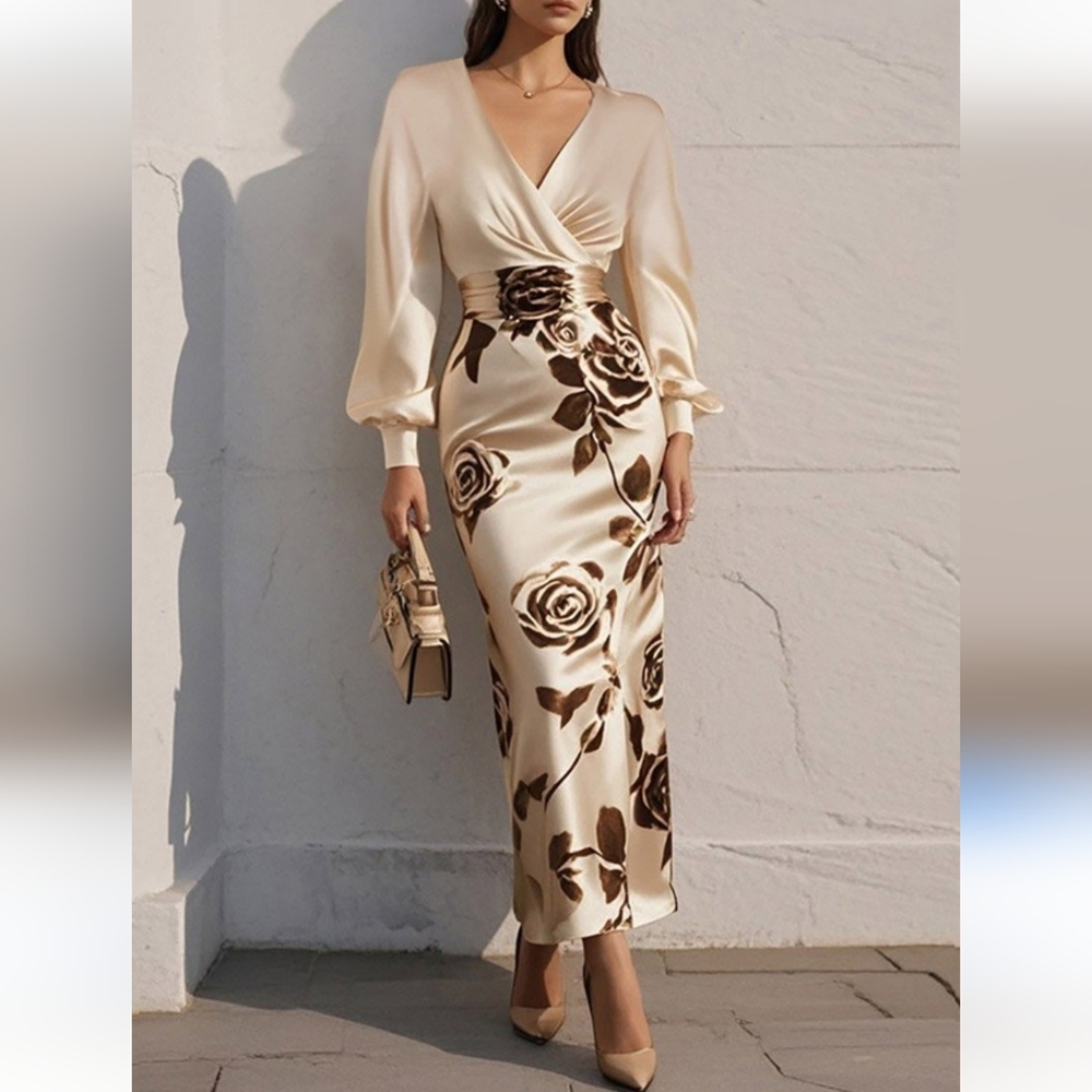 Fehaute Apricot Floral V Neck Long Puff Sleeve Satin Sheath Maxi Dress Size 10